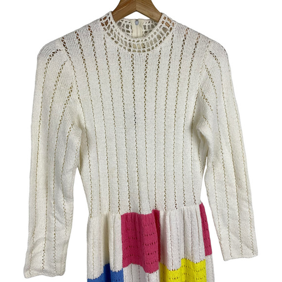 Vintage 1980s White Mock Neck Knit Patch Maxi Dress XS - Picture 2 of 6